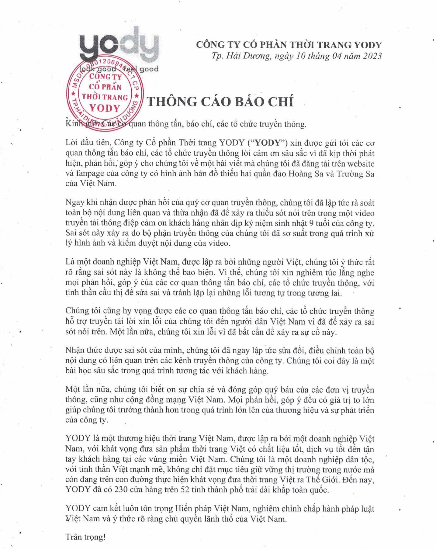 Thương hiệu thời trang YODY sử dụng bản đồ không có quần đảo Hoàng Sa và Trường Sa