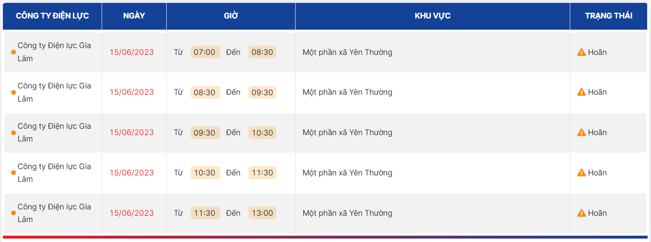 Lịch cắt điện